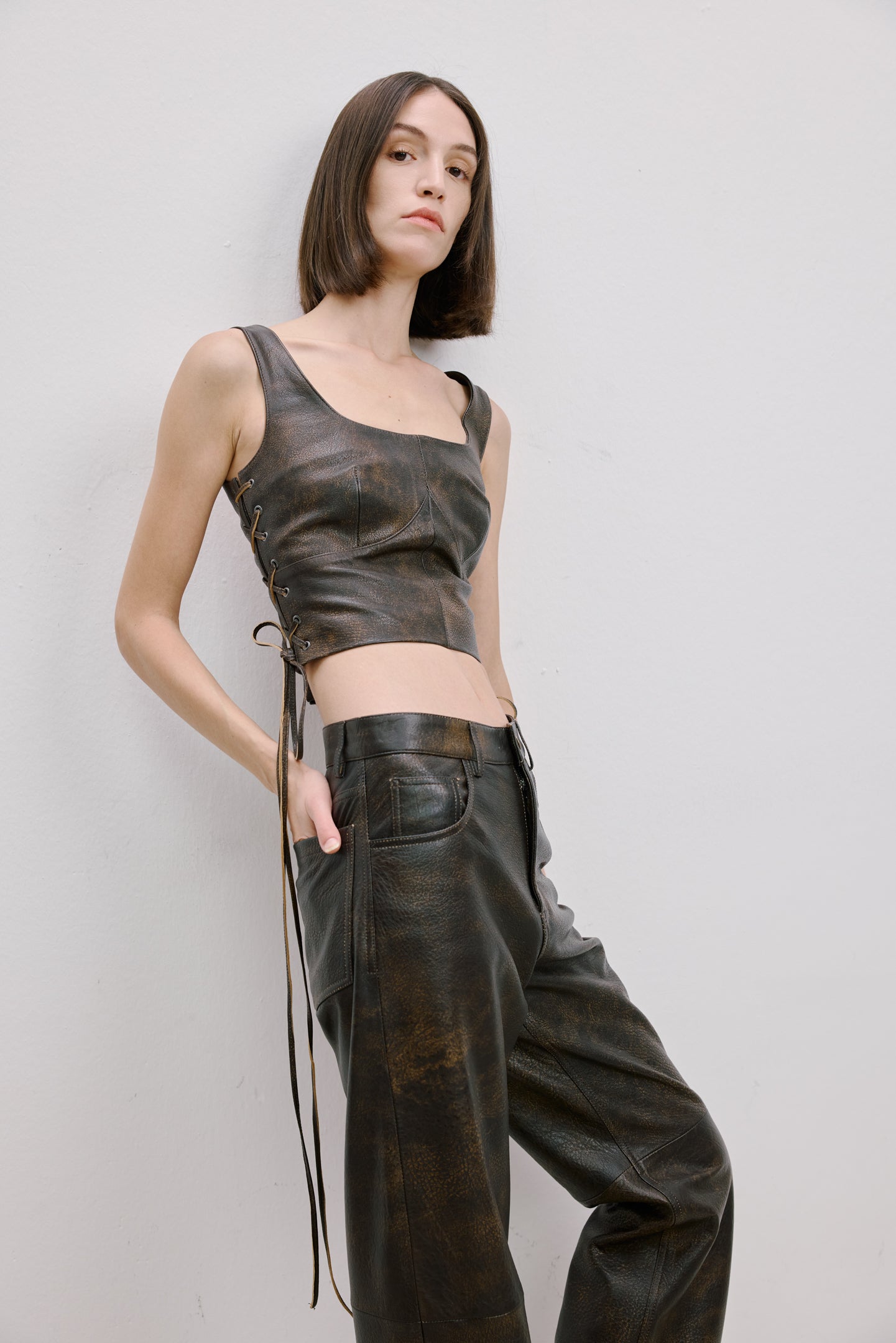 LACE-UP DETAILED LEATHER TOP